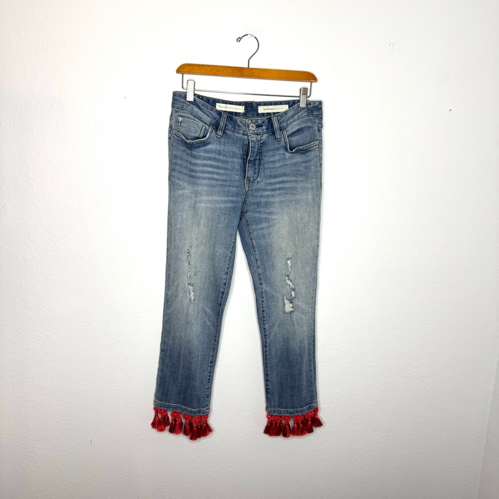 Anthropologie Pilcro Red‎ Beaded Tassel Hem Slim Boyfriend Jeans